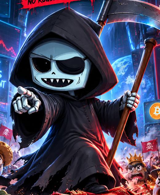 The Grim Reaper of Death 2 Rugs, pointing with his scythe