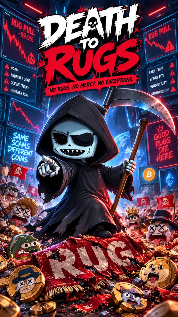 Death 2 Rugs poster: the Reaper pointing over a pile of destroyed scam tokens